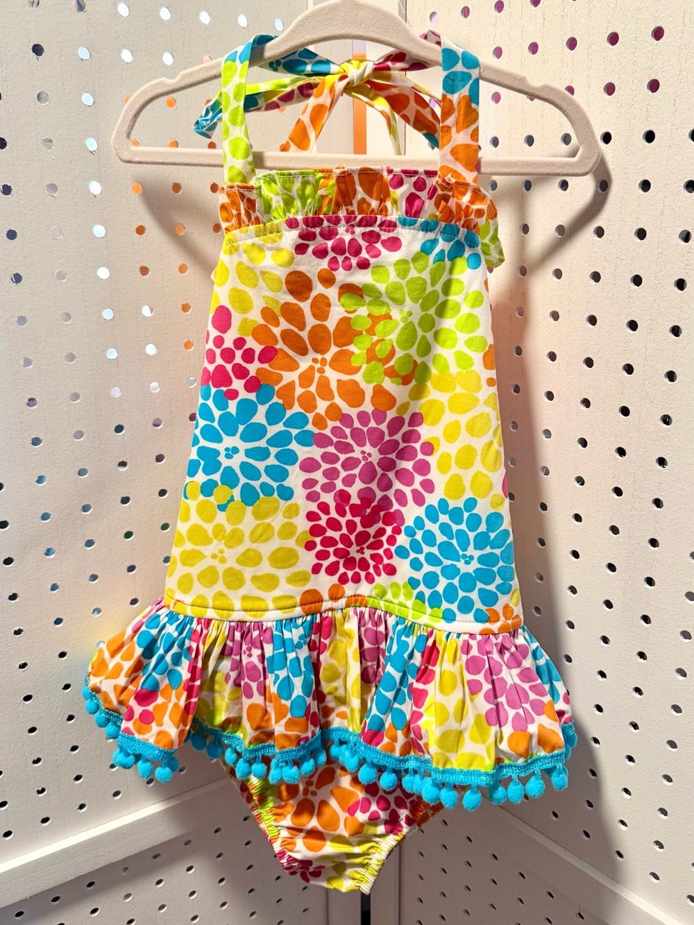 Kelly's Kids Girls Bright Floral Halter Swimsuit PomPom Ruffle Trim Size 5/6